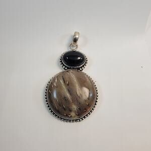 Handmade Brown Agate and Black Onyx Pendant in Sterling Silver Unique Setting